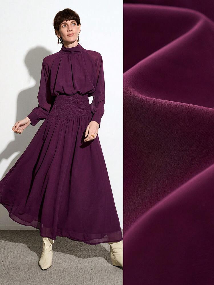 Aalyst Vintage Purple Red Women's Luxury Elegant Elegant Soft Drape Crepe Fabric Long Sleeve Dress Item, Small High Neck Waist Full Skirt Design, High-End Luxury Romantic Deep Purple Flowing Long Dress, Party, Ball, Party Wear, And Daily Commuting Casual Dating Wear, Spring/Summer/Autumn/Winter, Halloween, Christmas, New Year, Thanksgiving Clothing, Suitable For Women's Clothing With Windbreaker Jacket. | SHEIN