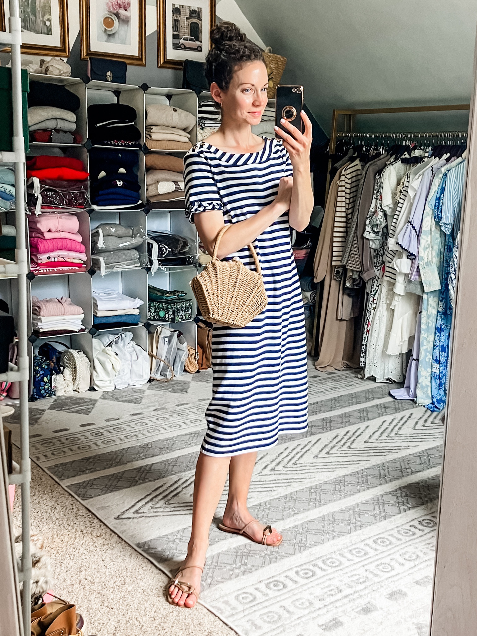 A quick summer get ready with me!
Stripe Talbots dress is old, linking similar. 
Gold hoops are old, linking similar. 
Sandals are old from Marc Fisher, linking similar. 
Perfume is Gucci Bloom. 
Satin floral robe from Amazon. 
Shell wicker bag from Chicwish. 
Petite outfit. Summer dress. Stripe dress. Classic outfit. Modest outfit. 

#LTKgrwm #LTKootd #LTKmomlife