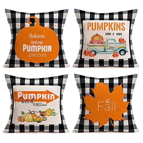 Gulidi Pack of 4 Fall Buffalo Plaids Pumpkin Patch Leaves Harvest Truck Cotton Linen Throw Pillow... | Walmart (US)