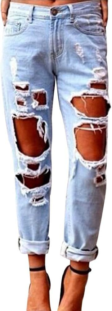 Womens Skinny Faded Ripped Casual Slim Denim Cotton Jeans | Amazon (US)
