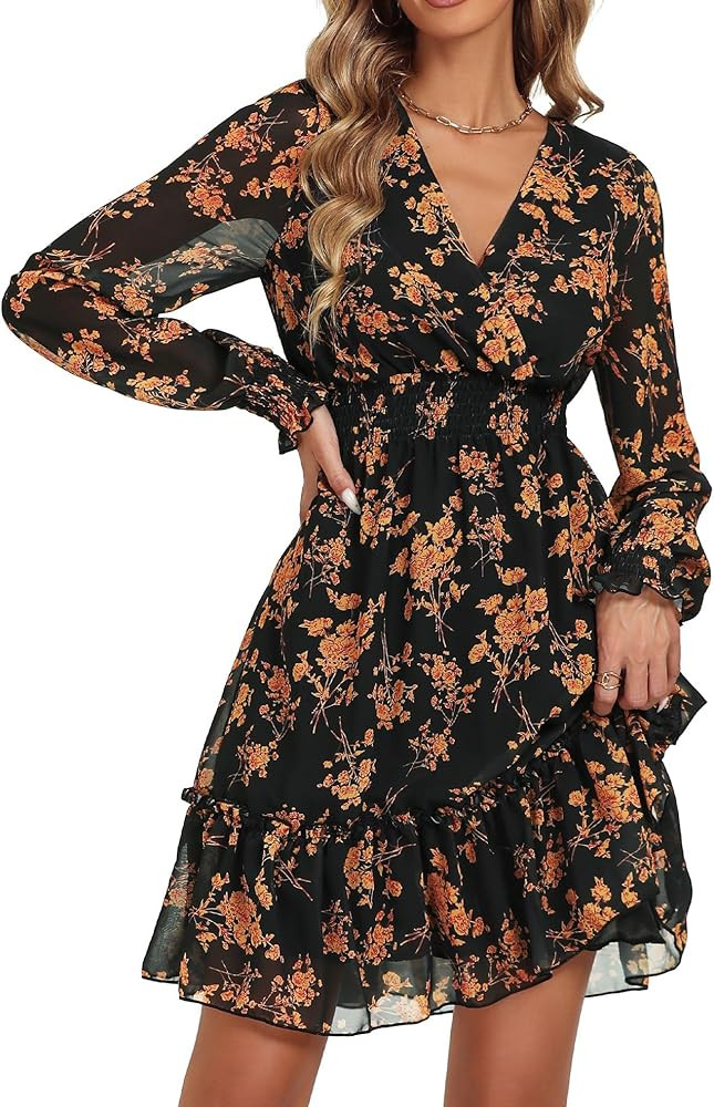 Prettywear Women's Floral Chiffon Long Sleeve Mini Dress Flowy A-Line Wrap Neck Tie Back Short Dr... | Amazon (US)