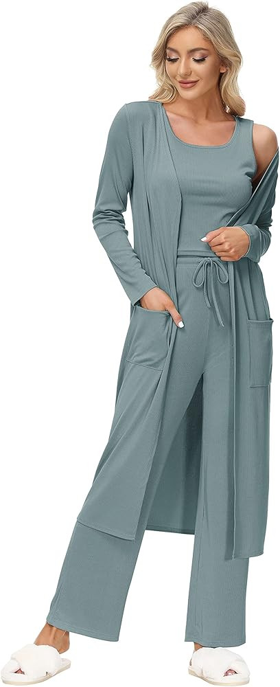 GRACE KARIN Womens 3 Piece Loungewear Set Crop Vest High Waist Shorts and Long Cardigan Pajamas Set | Amazon (US)