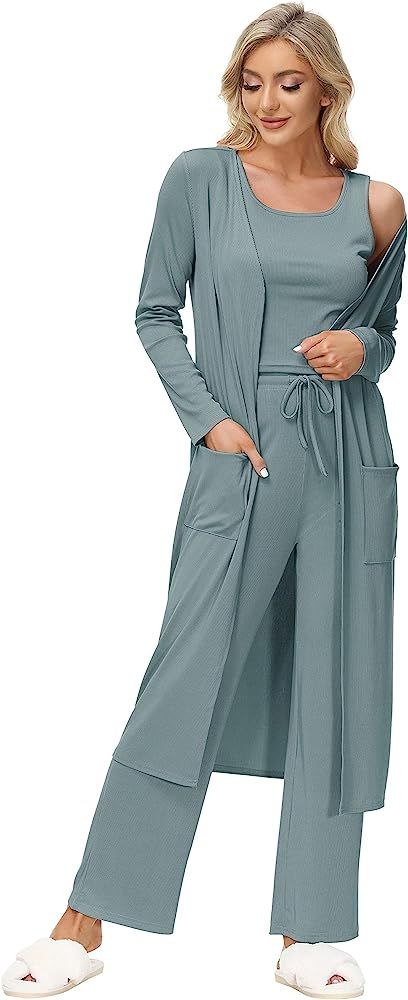 GRACE KARIN Womens 3 Piece Loungewear Set Crop Vest High Waist Shorts and Long Cardigan Pajamas Set | Amazon (US)