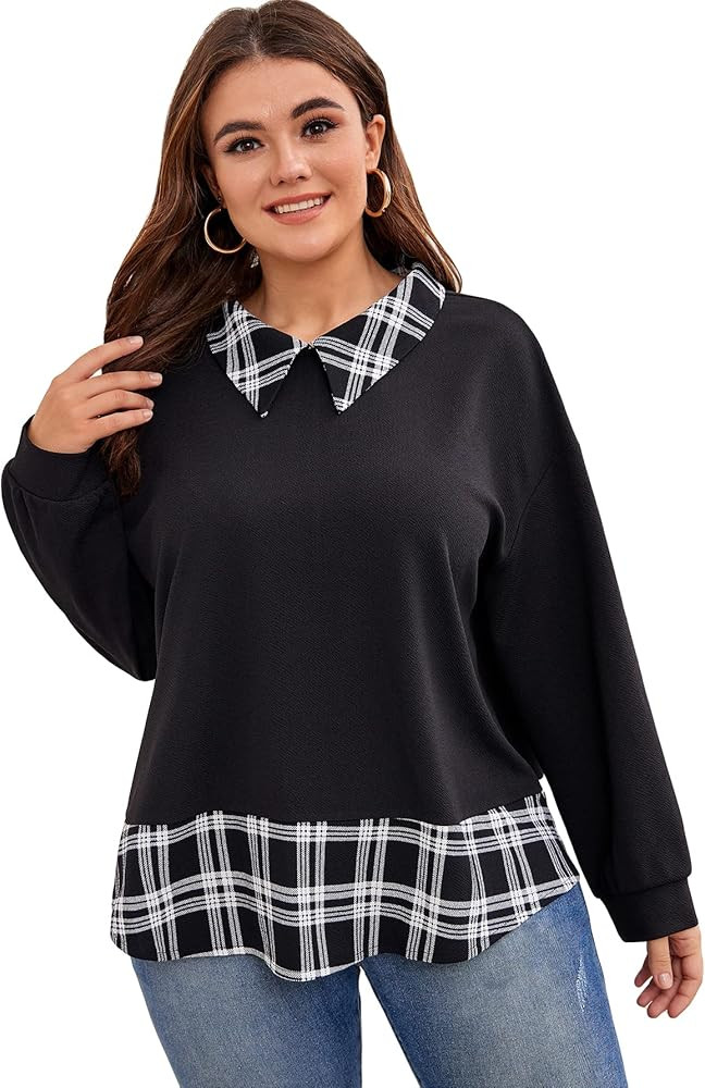 WDIRARA Women's Plus Size Plaid Long Sleeve Drop Shoulder Collared 2 in 1 Sweatshirt | Amazon (US)