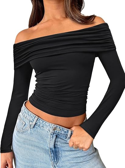 Trendy Queen Women Long Sleeve Shirts Off Shoulder Tops Going Out Crop Sexy Slim Fitted Y2K Fall ... | Amazon (US)