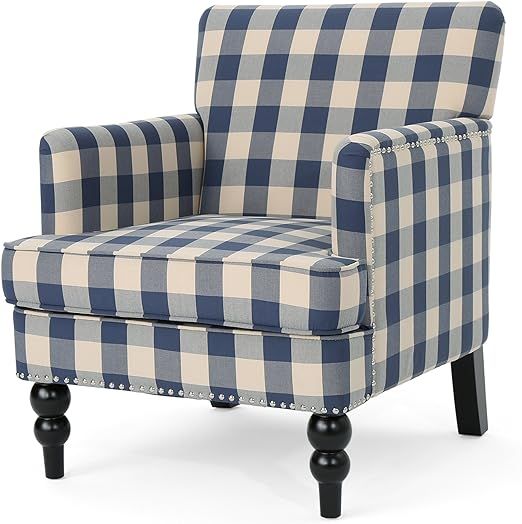 Christopher Knight Home Evete Tufted Fabric Club Chair, Blue Checkerboard, Dark Brown, 32D x 28.7... | Amazon (US)
