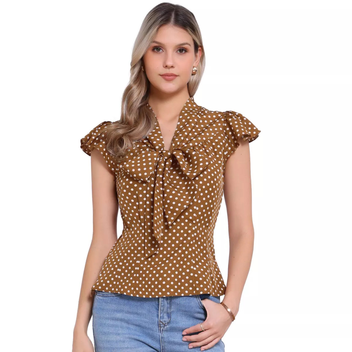 INSPIRE CHIC Women's Polka Dots Tie V Neck Flutter Cap Sleeve Blouse | Target