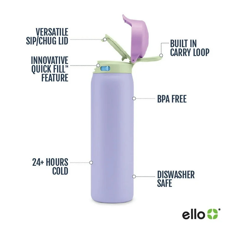 Ello Flip & Fill 22oz Insulated Stainless Steel Water Bottle, Leak-Proof Straw Lid, Purple Ombre | Walmart (US)