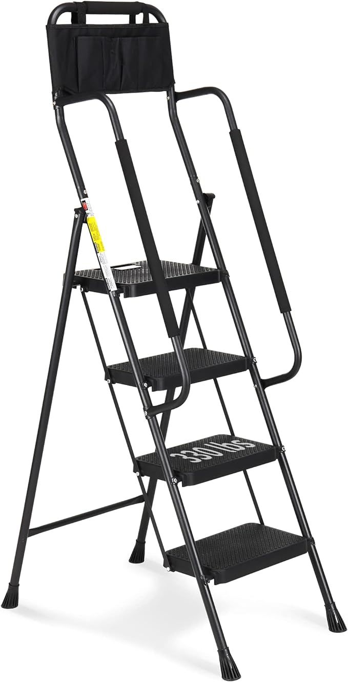 HBTower 4 Step Ladder with Handrails, 330 lbs Folding Step Stool with Attachable Tool Bag & Anti-... | Amazon (US)