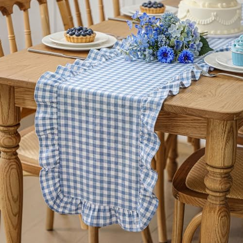 Windkream Blue Gingham Ruffled Table Runner 72 Inches Long Scalloped Table Runner Rustic Cotton Tabletop Farmhouse Decor for Baby Shower Bride Shower Birthday Party Holiday Wedding | Amazon (US)