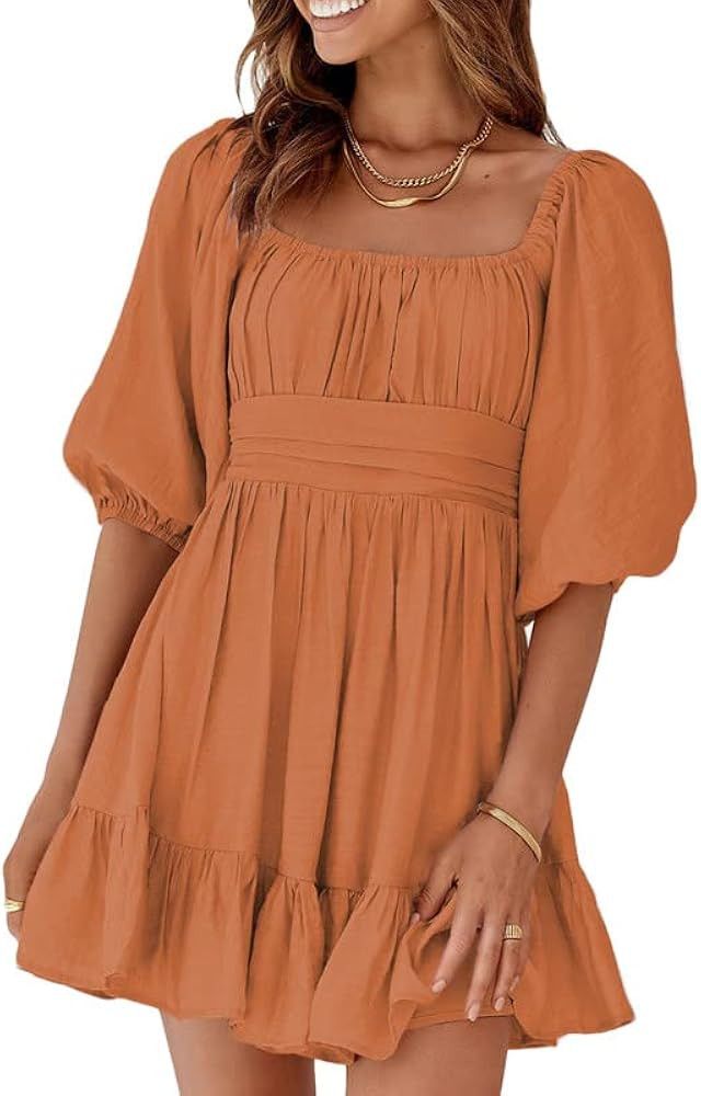 Dokotoo Womens Summer Dresses Square Neck Tie Back Lantern Sleeve Ruffle A-Line Casual Mini Dress | Amazon (US)