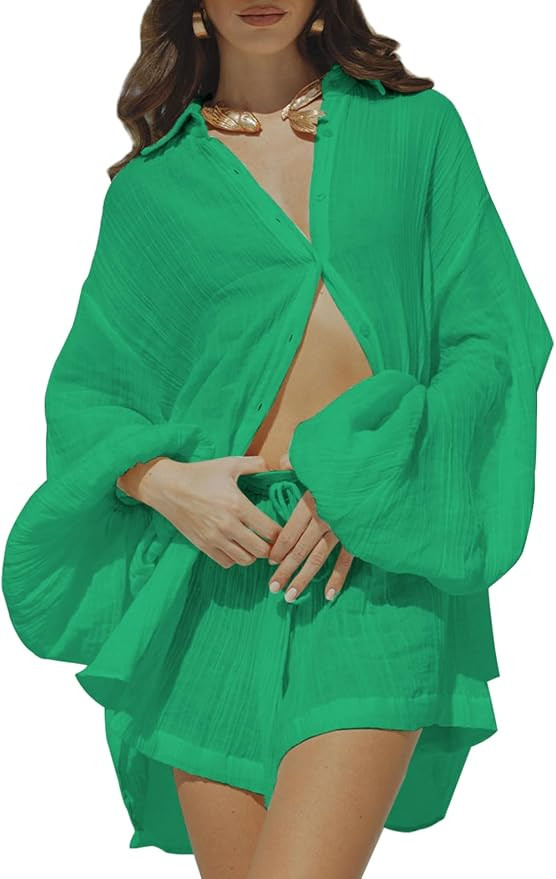 Fixmatti Women 2 Piece Outfits Summer Shorts Sets Lantern Sleeve Button Down Shirt and Shorts Swe... | Amazon (US)