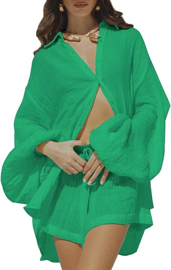 Fixmatti Women 2 Piece Outfits Summer Shorts Sets Lantern Sleeve Button Down Shirt and Shorts Swe... | Amazon (US)