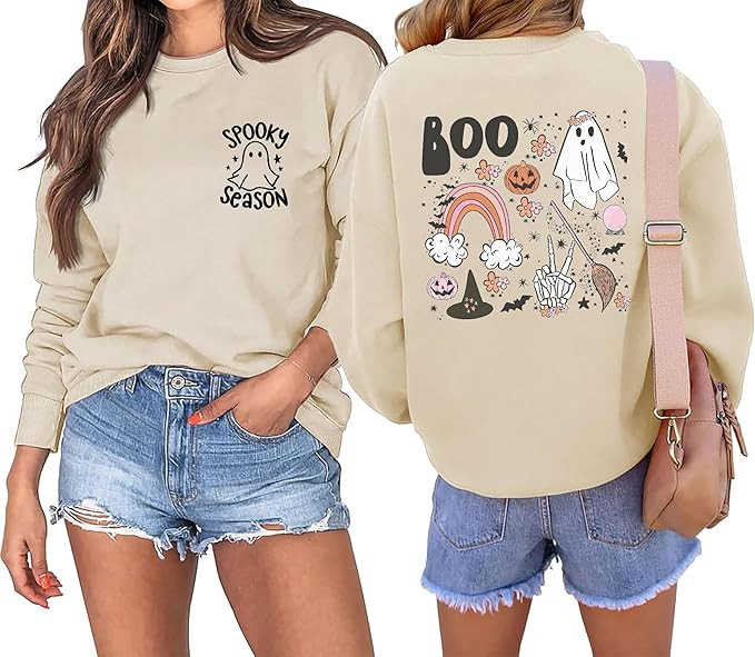 Halloween Sweatshirt Women Cute Spooky Season Sweatshirts Ghost Fall Graphic Long Sleeve Sweater ... | Amazon (US)