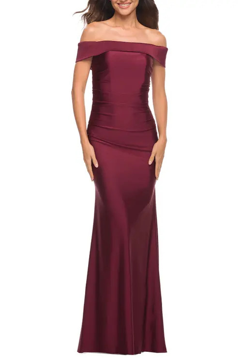 La Femme Off the Shoulder Elegant Long Evening Gown in Wine at Nordstrom, Size 12 | Nordstrom