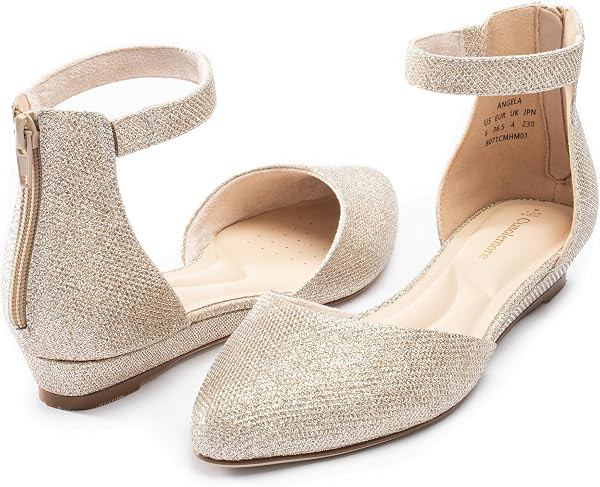 Women Flat Shoes with Ankle Strap, Low Wedge Heel Flats for Women, Comfortable Pointed Toe Dress ... | Amazon (US)