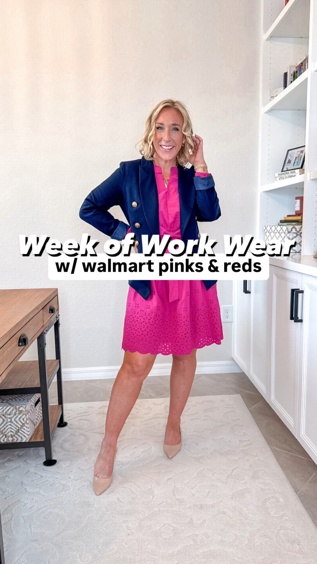 Week of Work Week (with Walmart pink and red finds):
1. MONDAY: Navy skirt - size XS. $26 // red long sleeve - size small // red sneakers - size up a 1/2. 
2. TUESDAY: pink eyelet dress - size XS. $36 // floral cardigan - size small. 
3. WEDNESDAY: red eyelet skirt - size XS. $19.98 // floral tee - linked similar // sneakers - size up a 1/2.
4. THURSDAY: pink eyelet dress - size small. $21.98 (sizes are limited) // blazer - size small. 
5. FRIDAY: red puff sleeve top - size XS. $24 // flare jeans - size 26. $24.50  
• pajamas (from beginning) - size small. $16.98.

* teacher outfit, teacher clothes, teacher style. 

#LTKWatchNow #LTKWorkwear #LTKSeasonal