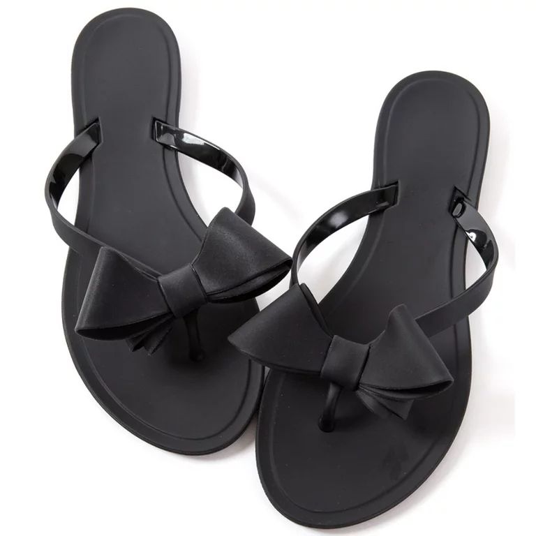 Women Jelly flip Flop Bow Sandals-Beach Flat Rivets Rain Ankle Strap Thong Black | Walmart (US)