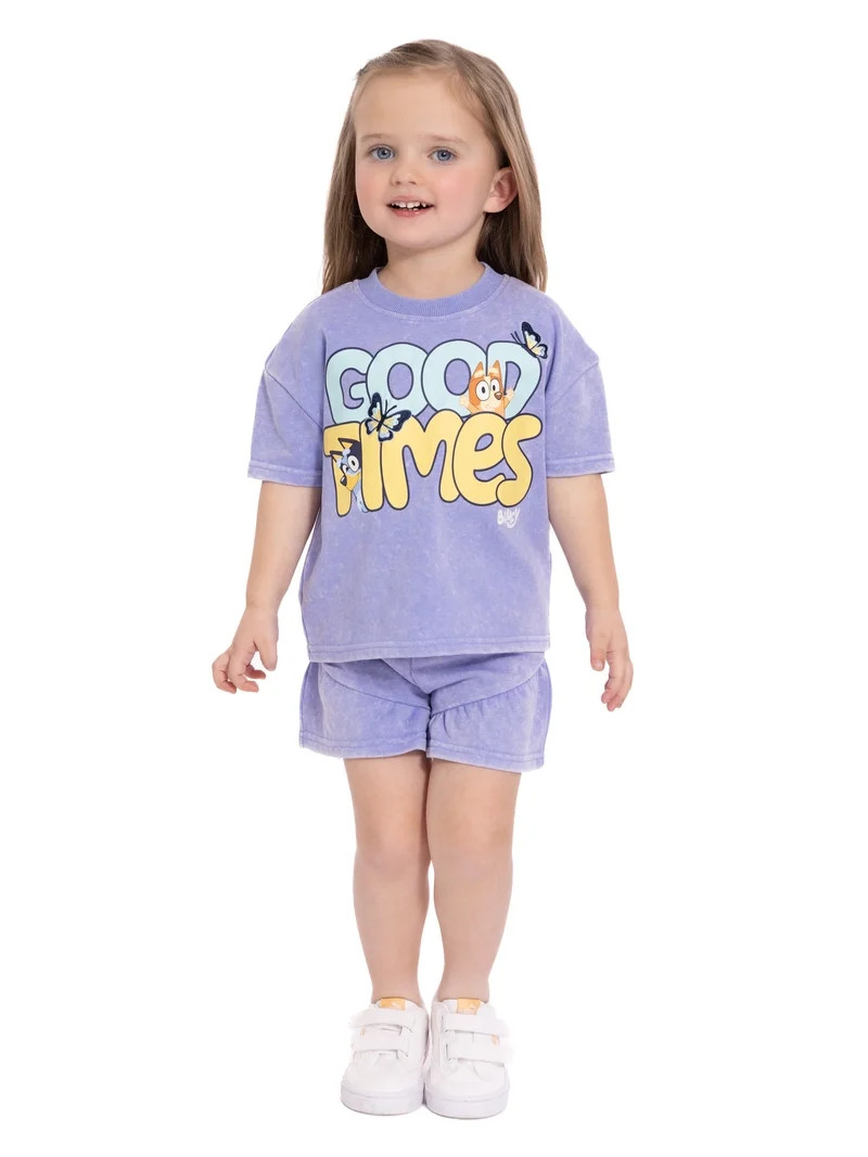 Bluey Toddler Girls' Short Sleeve Graphic Tee and Matching Ruffle Shorts Set, 2-Piece, Sizes 12M-... | Walmart (US)
