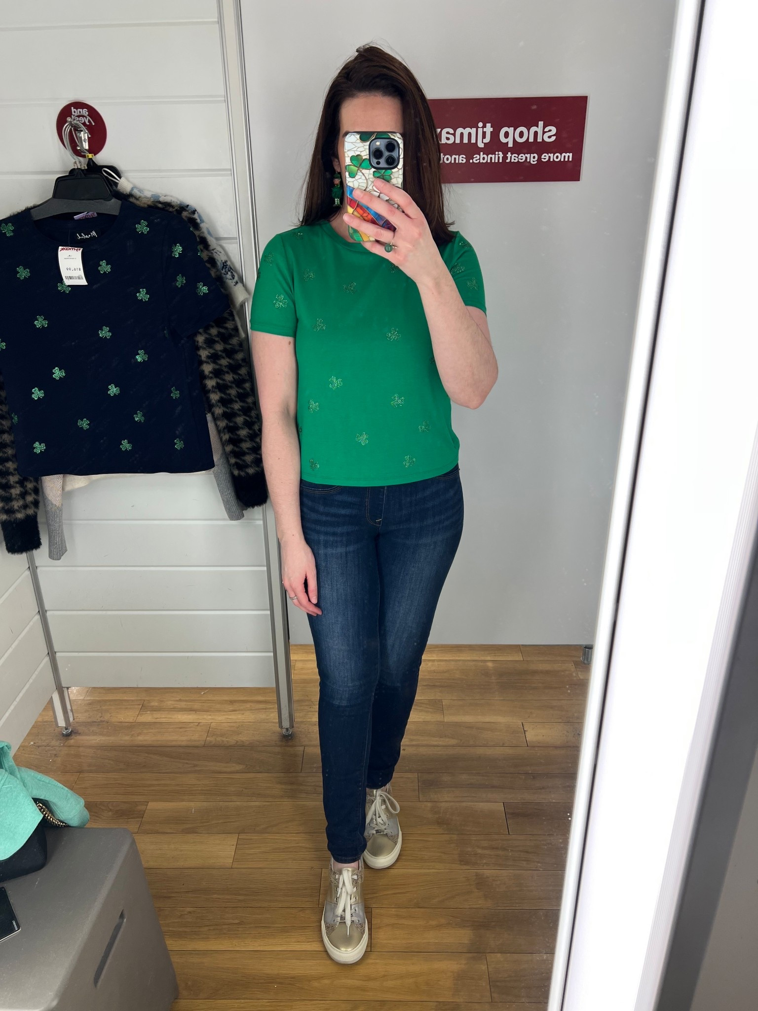 Green short sleeve shamrock tshirt (xs). Dark wash mid rise skinny jeans (4). Gold and silver sneakers (8.5). #tshirt #shamrocktshirt #greentshirt #shortsleevetshirt #skinnyjeans #jeans #darkwashjeans #midrisejeans #sneakers #goldandsilversneakers #casualoutfit #stpatricksdayoutfit 
spring outfits 2026 
st patricks day outfit women

#LTKSeasonal #LTKSpringSale