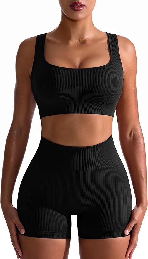 OQQ Workout Outfits for Women 2 Piece Seamless Ribbed High Waist Leggings with Sports Bra Exercis... | Amazon (US)