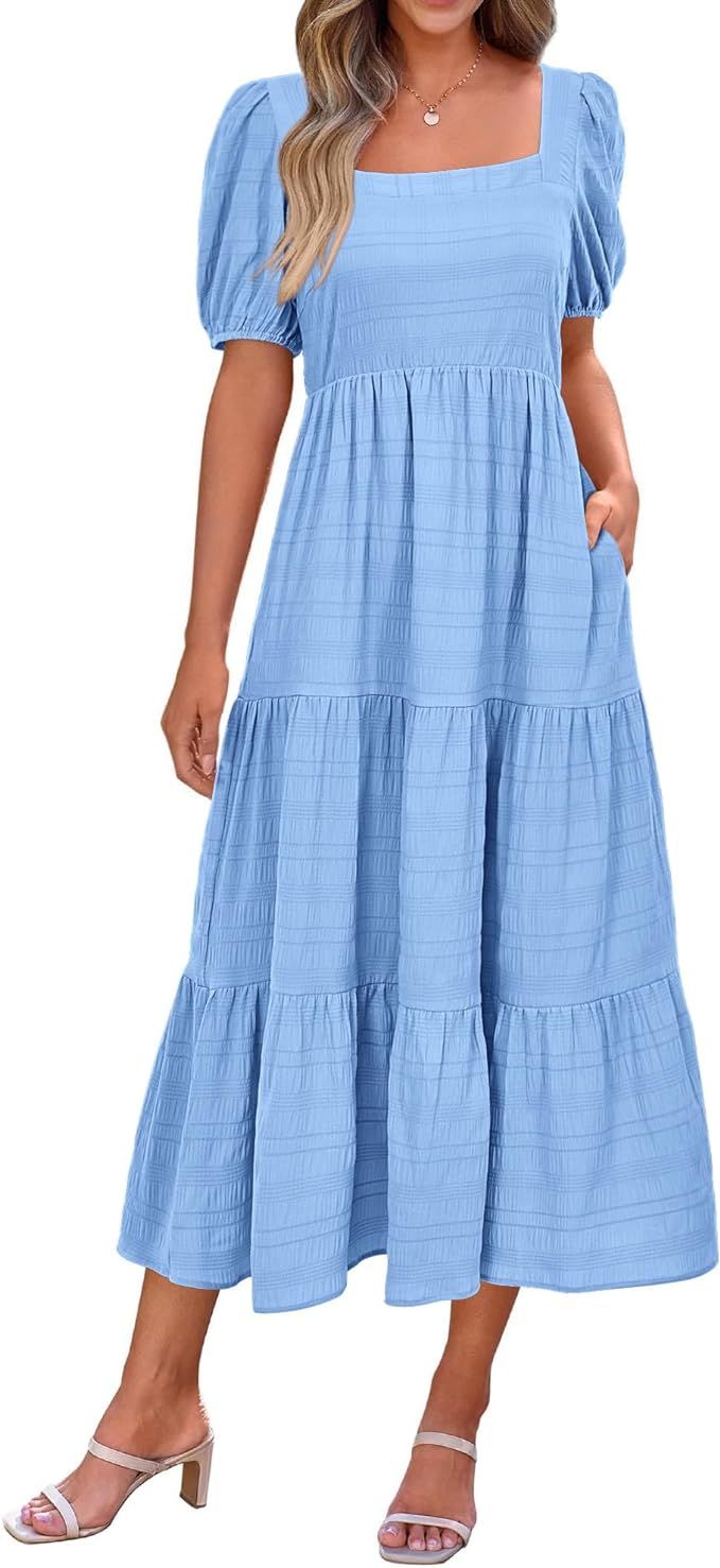 PRETTYGARDEN Women's Summer Dresses 2024 Puff Sleeve Square Neck High Waist Smocked A-Line Flowy ... | Amazon (US)