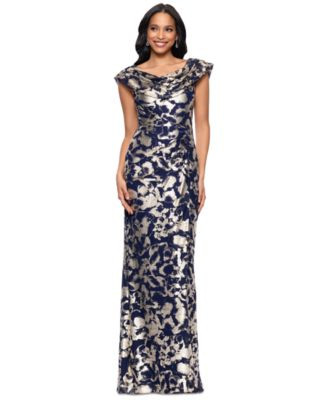Betsy & Adam Women's Floral-Foil Powermesh Sheath Dress - Navy/Gold | Macy's