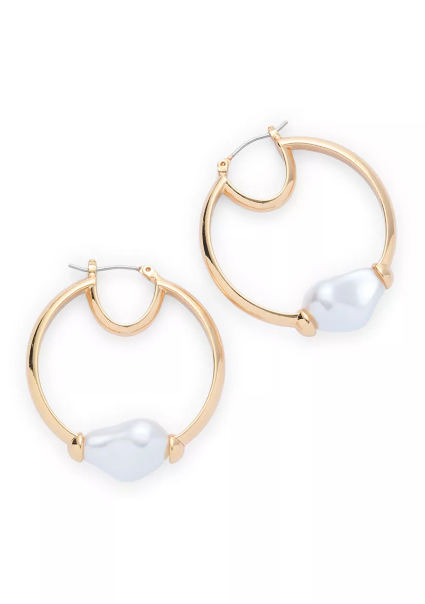 Pearl Center Gold Tone Hoop Earrings | Belk