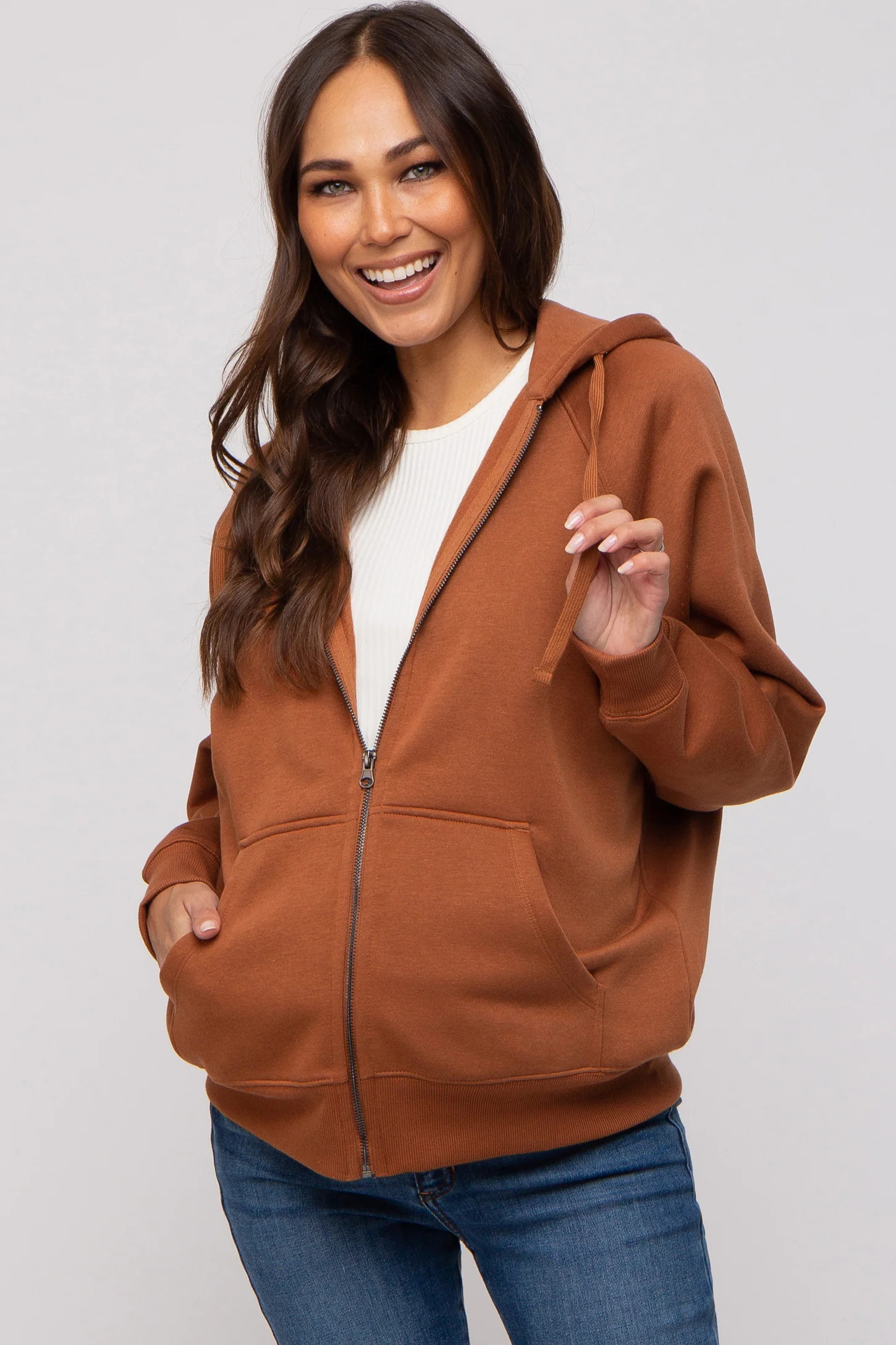 Camel Front Zipper Hooded Maternity Sweater | PinkBlush Maternity