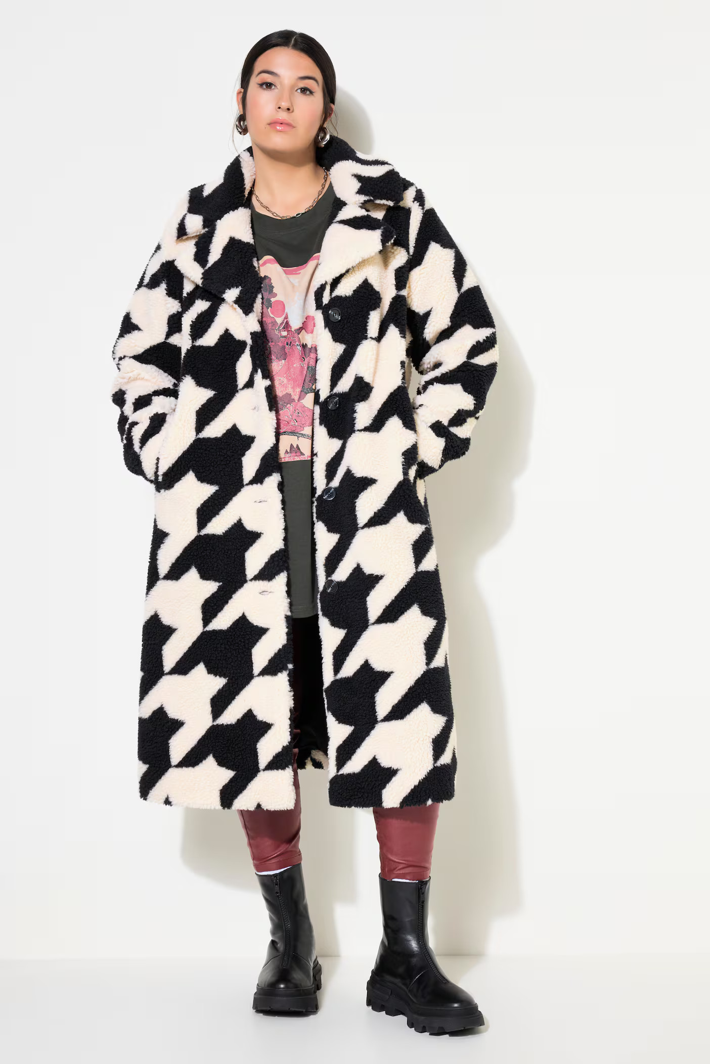 Houndstooth Faux Fur Coat | Ulla Popken - US