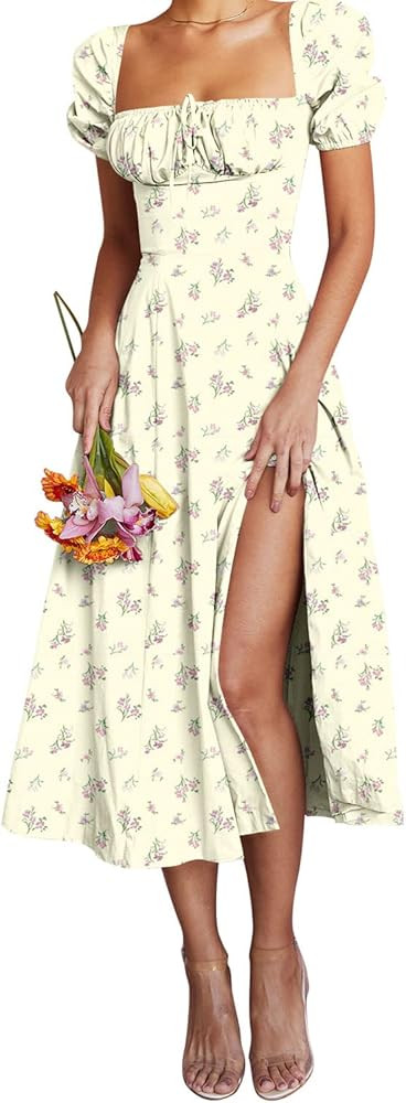 Linsery Women's Puff Sleeve Floral Maxi Dress Elegant Square Neck Cottagecore Boho Split Long Dre... | Amazon (US)