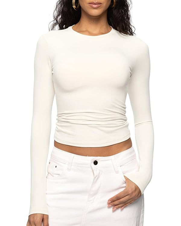 ENERFUL Women's Long Sleeve Shirts Crew Neck Slim Fitted Going Out Crop Casual Tops Basic Tees | Amazon (US)