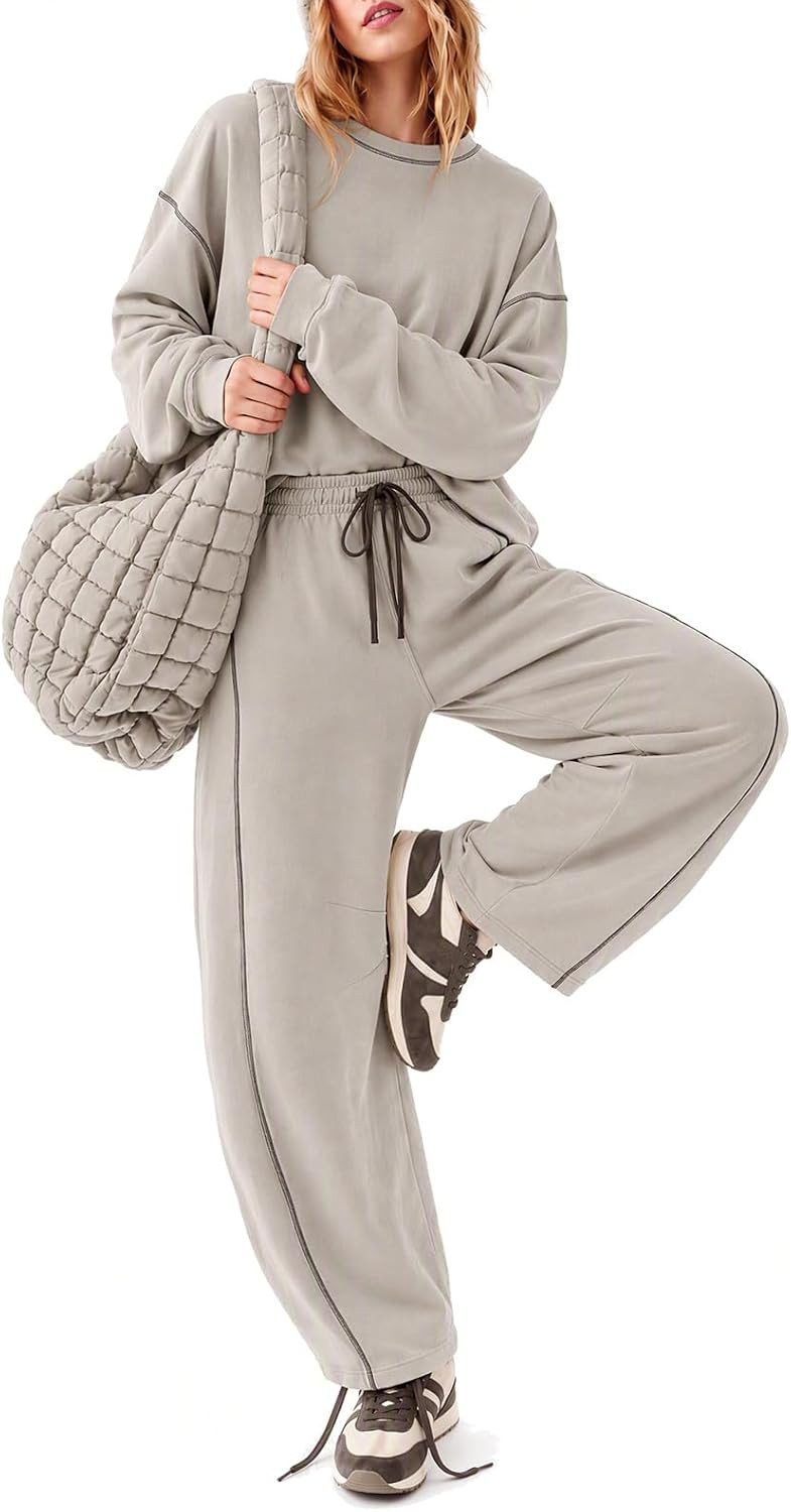 EXLURA Women Fall Cotton 2 Piece Sets Side Split Tops Matching Barrel Pants | Amazon (US)