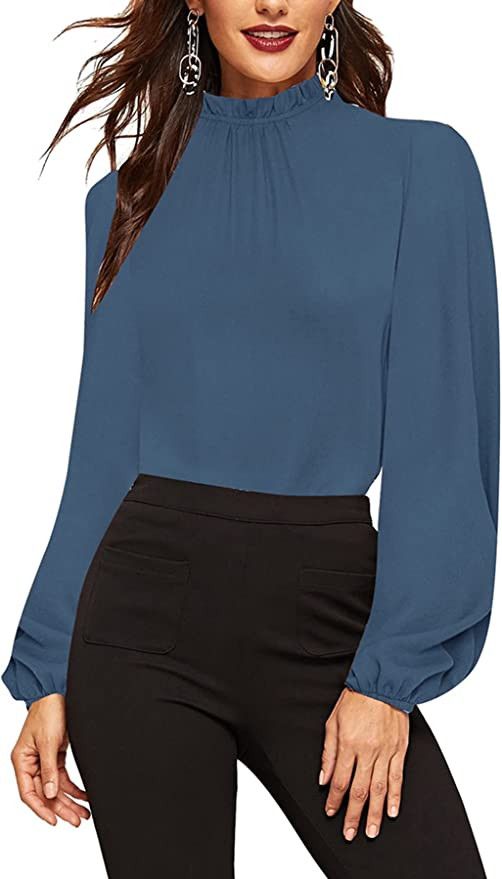 OYOANGLE Women's Elegant Printed Mock Neck Long Sleeve Workwear Blouse Top Shirts | Amazon (US)