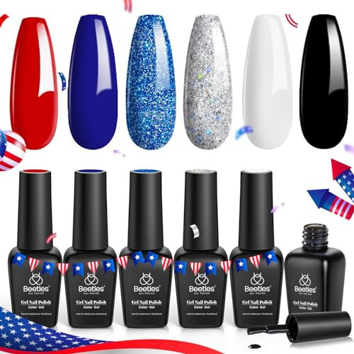 Beetles 4th of July Gel Nail Polish Set - 6 Colors Red White Navy Blue Gel Polish Sliver Glitter Gel Polish Soak Off Uv Nail Lamp for the 4th of July Nails Manicure DIY Nail Art Design Gift for Women | Amazon (US)