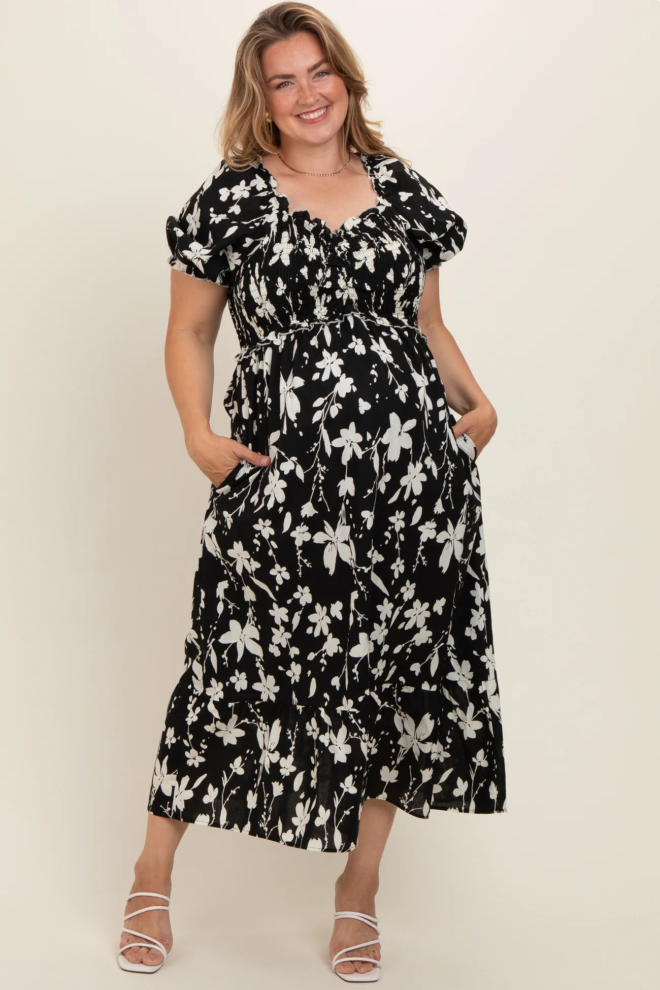 Cream Floral Puff Sleeve Maternity Plus Midi Dress | PinkBlush Maternity