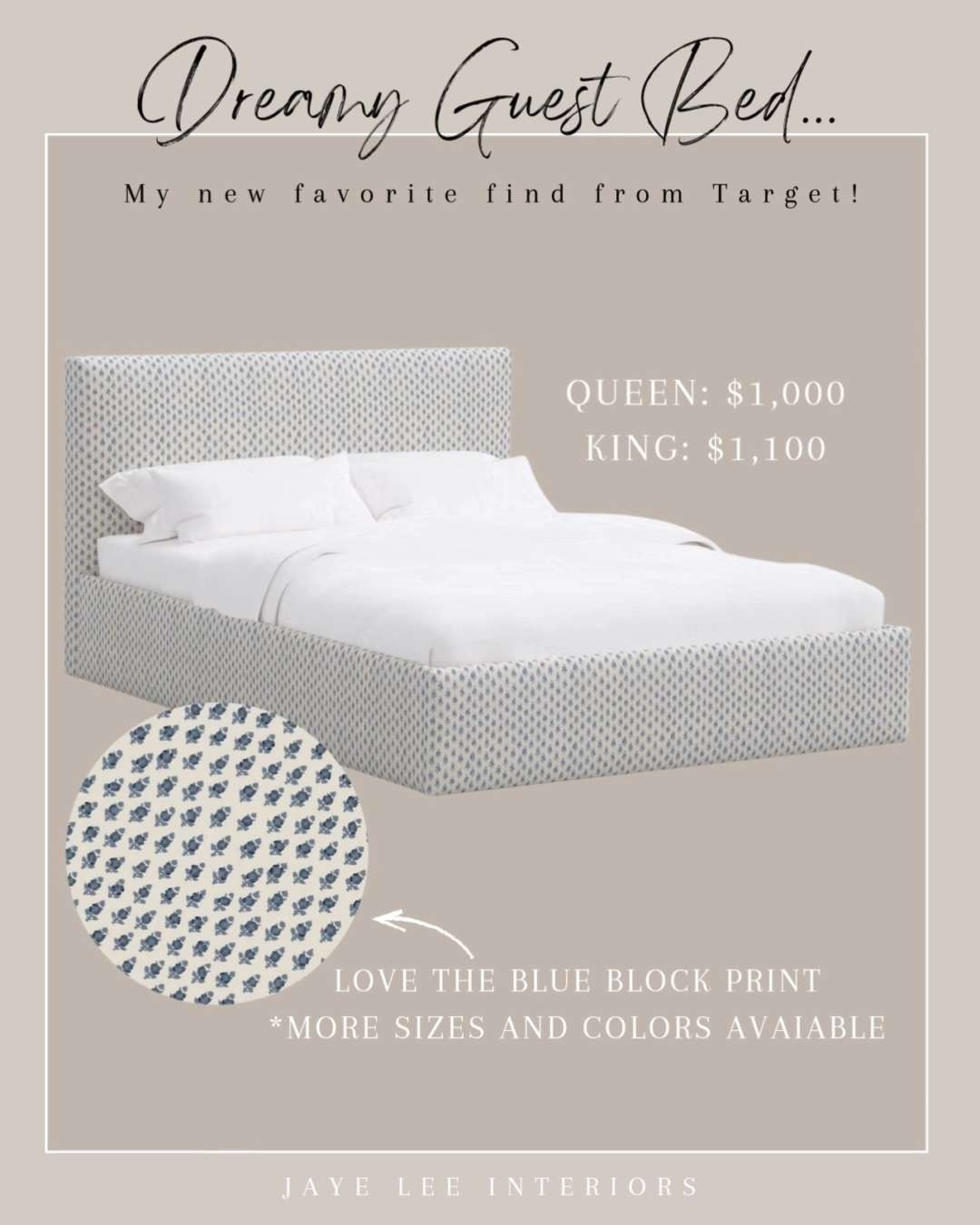 I can't decide between the block print or the stripe! Love this affordable upholstered bed for the guest room, or a kid's room, or any bedroom for that matter! 
Low profile upholstered bed, queen bed, king bed, blue and white bedroom, boy's bedroom, little girl's bedroom, bedroom furniture, guest room refresh, #targetstyle #jleeinteriors 

 #LTKmomlife #LTKHome #LTKKids