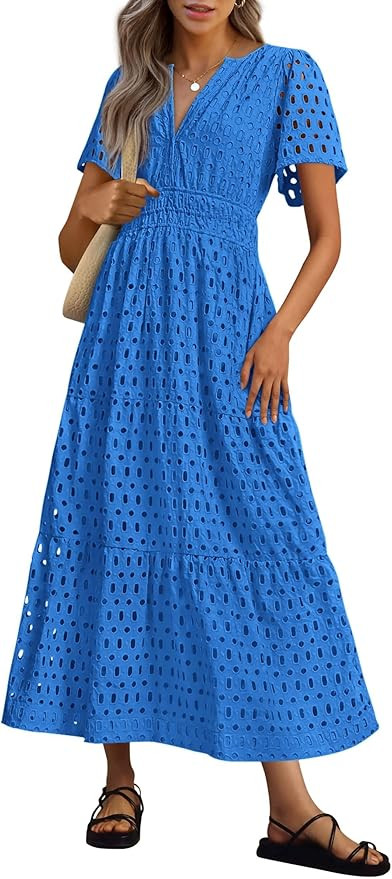 PRETTYGARDEN Womens 2025 Summer Maxi Dress Short Sleeve V Neck Hollow Out Eyelet A Line Long Flow... | Amazon (US)