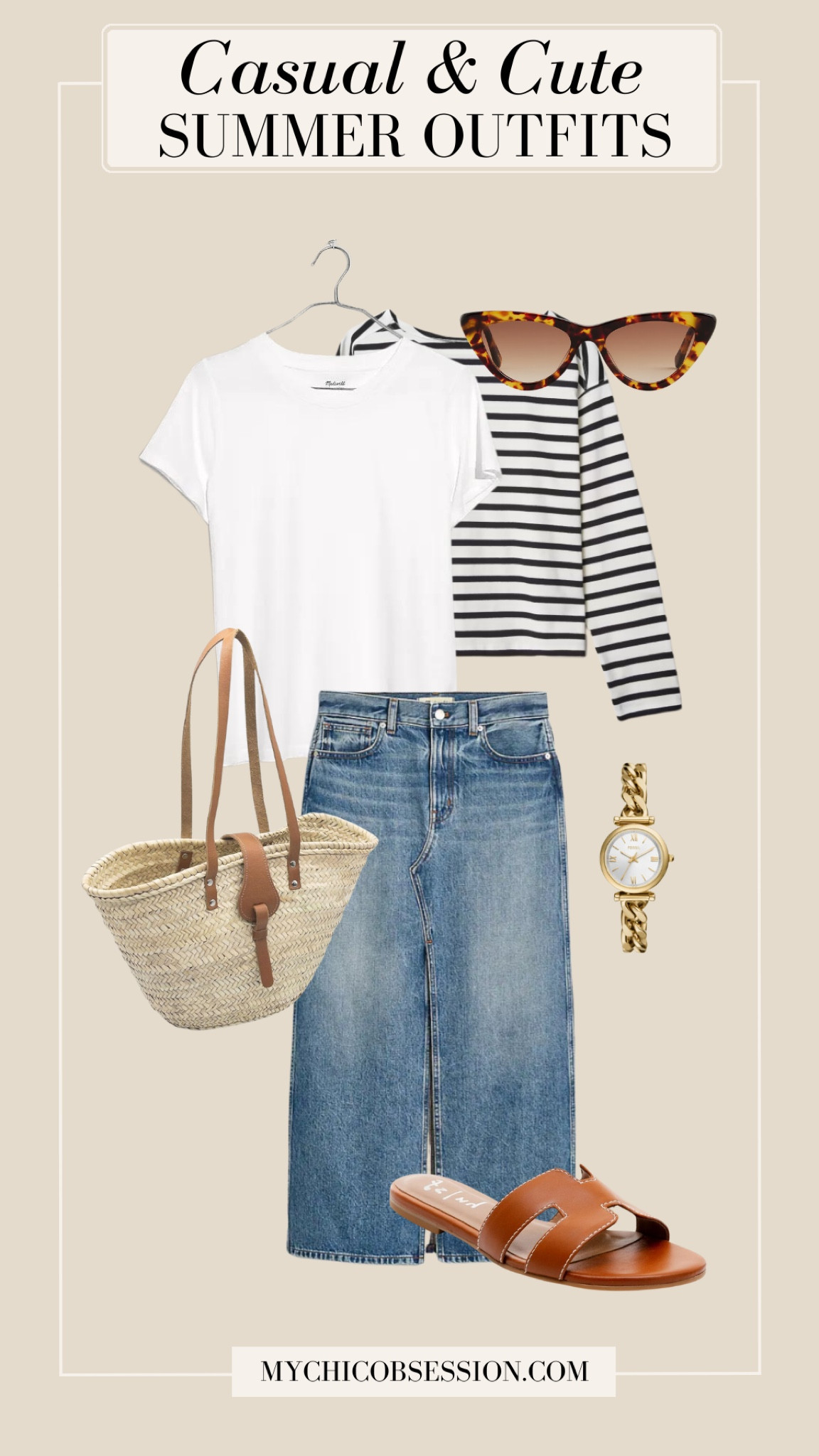 Style a denim skirt for summer with this easy formula. Pair it with a white tee, and a striped sweater tied over your shoulders. Add sunglasses, a woven tote, a bracelet watch, and sandals to finish the look.

#LTKstyletip #LTKSeasonal