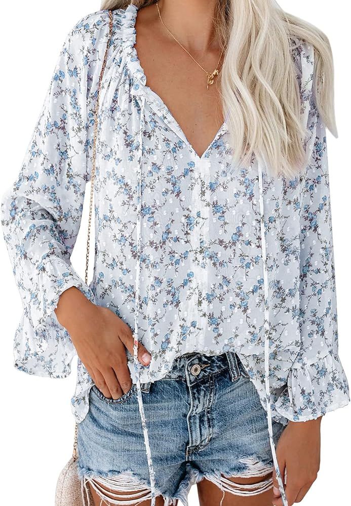 Happy Sailed Womens Boho Floral Print V Neck Tops Casual Long Sleeve Drawstring Blouses Shirts(S-XXL | Amazon (US)