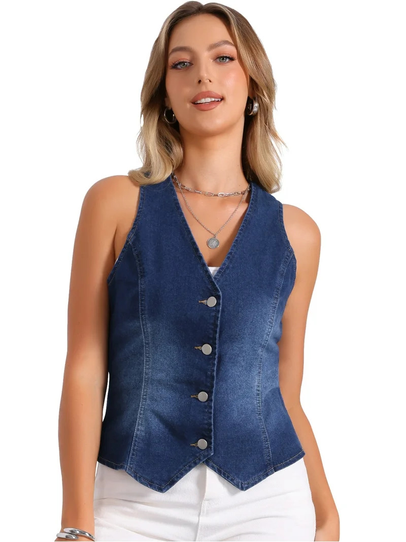 DARING DIVA Women's Button Down Jean Waistcoat Fashion Jacket M Dark Blue | Walmart (US)