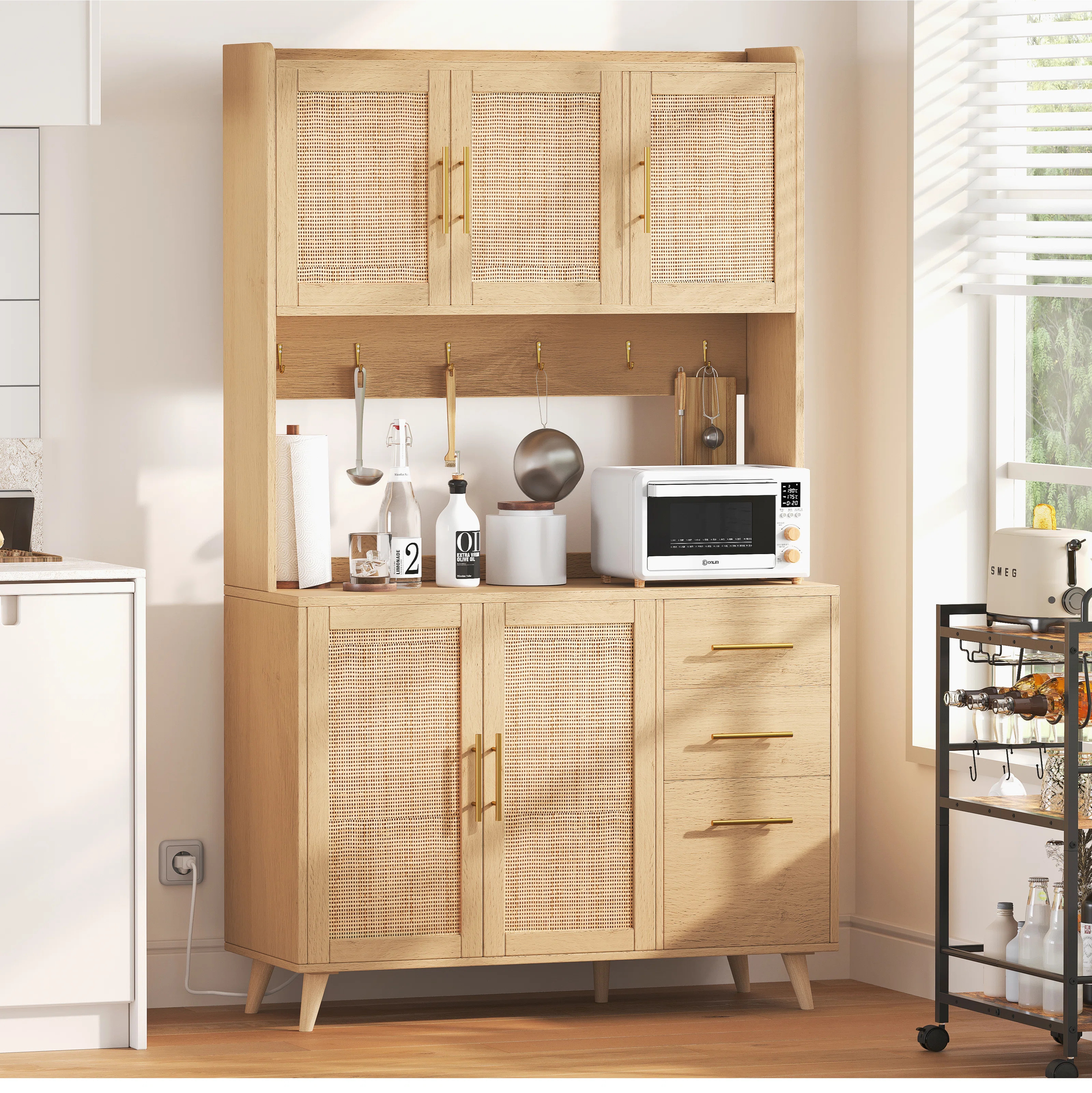 Manganaro 70.9" Kitchen Pantry with Microwave Shelf, Rattan Sideboard Buffet with Charging Statio... | Wayfair North America