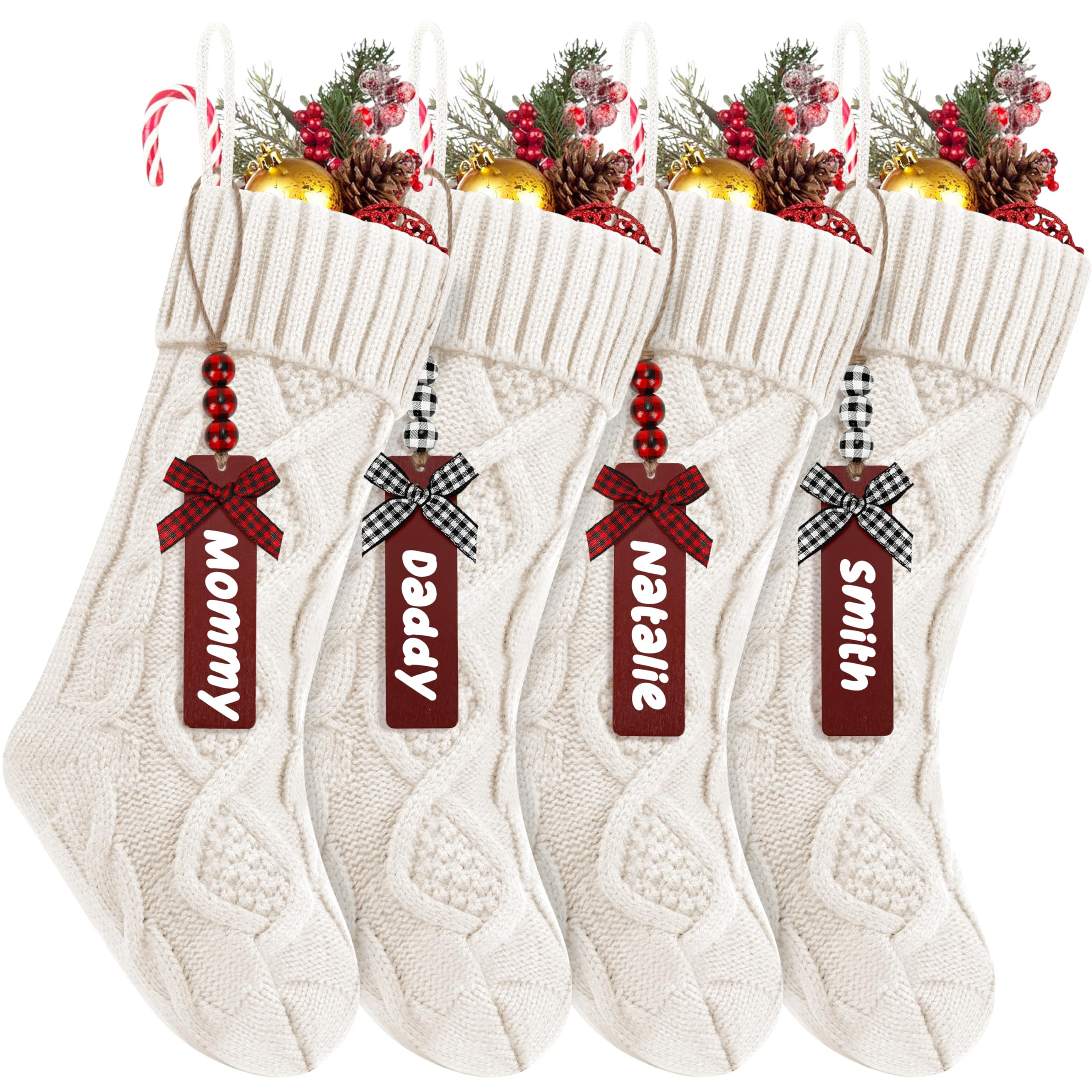 4Pack Personalized Christmas Stockings with Wooden Name Tags, 18 inches Xmas Cable Knitted Stocki... | Amazon (US)