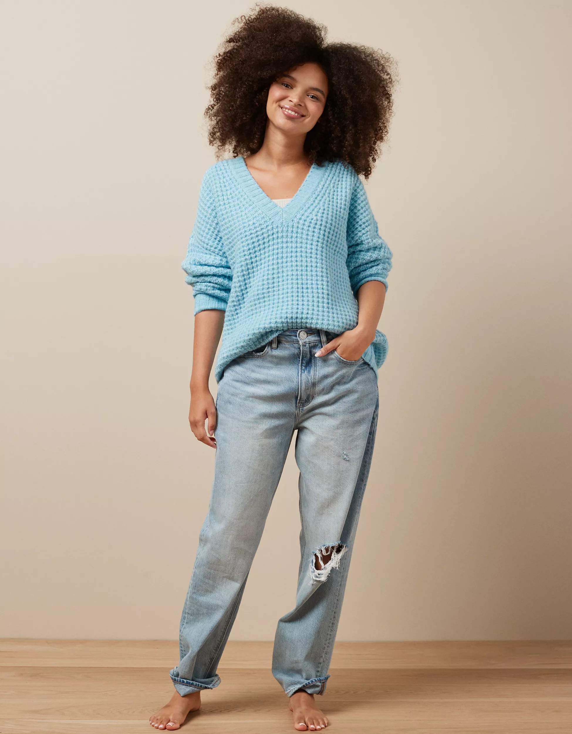 AE Whoa So Cozy Waffle V-Neck Sweater | American Eagle Outfitters (US & CA)