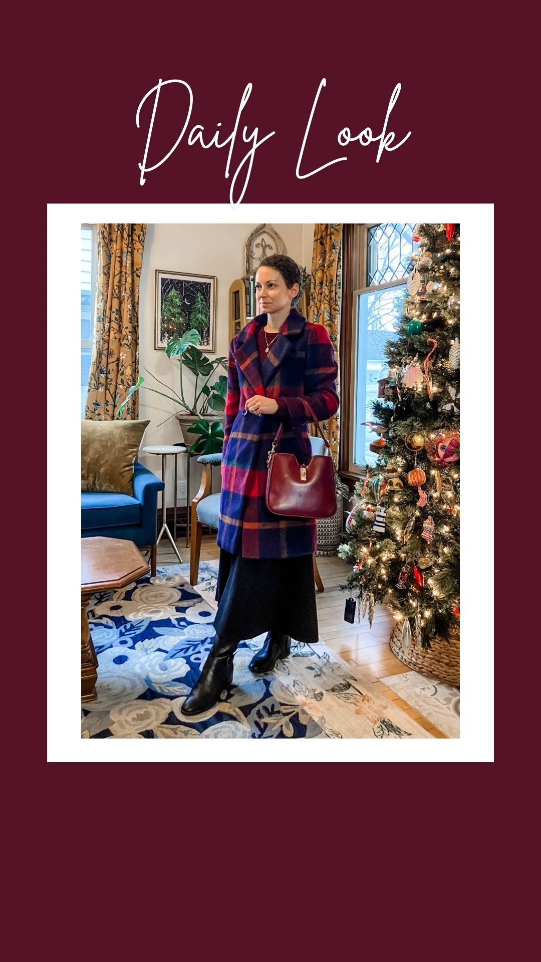 A classic winter outfit! A burgundy cashmere sweater, black skirt plaid coat paired with black leather riding boots. 
Petite outfit. Classic outfit. Modest outfit  

#LTKdayinmylife #LTKOver40 #LTKootd