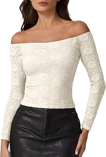 QINSEN Womens Lace Trim Off Shouder Top Long Sleeve Double Lined Y2k Trendy T Shirts | Amazon (US)