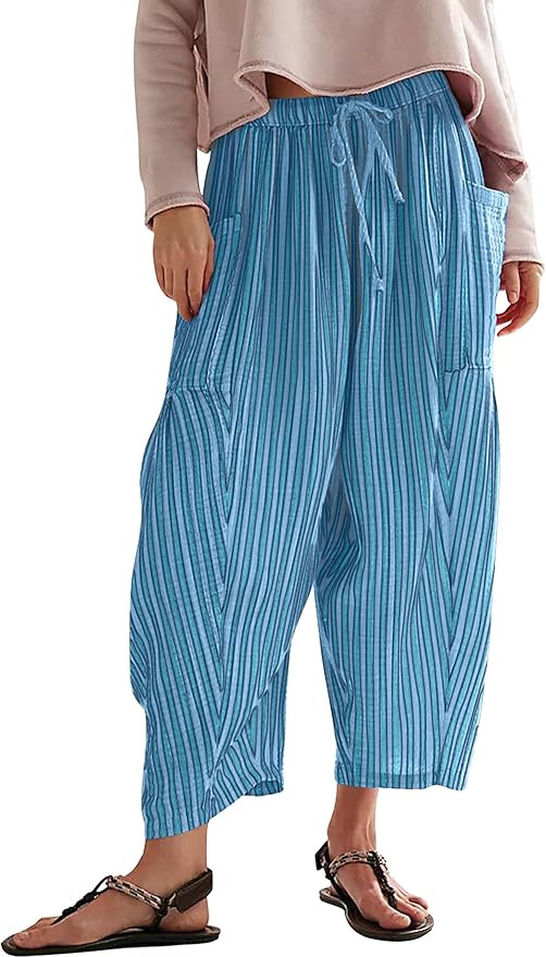 Women Summer Striped Harem Pants Casual Baggy Wide Leg Tapered Trousers Drawstring Waist Palazzo ... | Amazon (US)