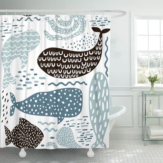 Emvency Shower Curtain Black Abstract with Nautical Sea Animal Kids Fur Seal Whale Octopus Fish C... | Amazon (US)