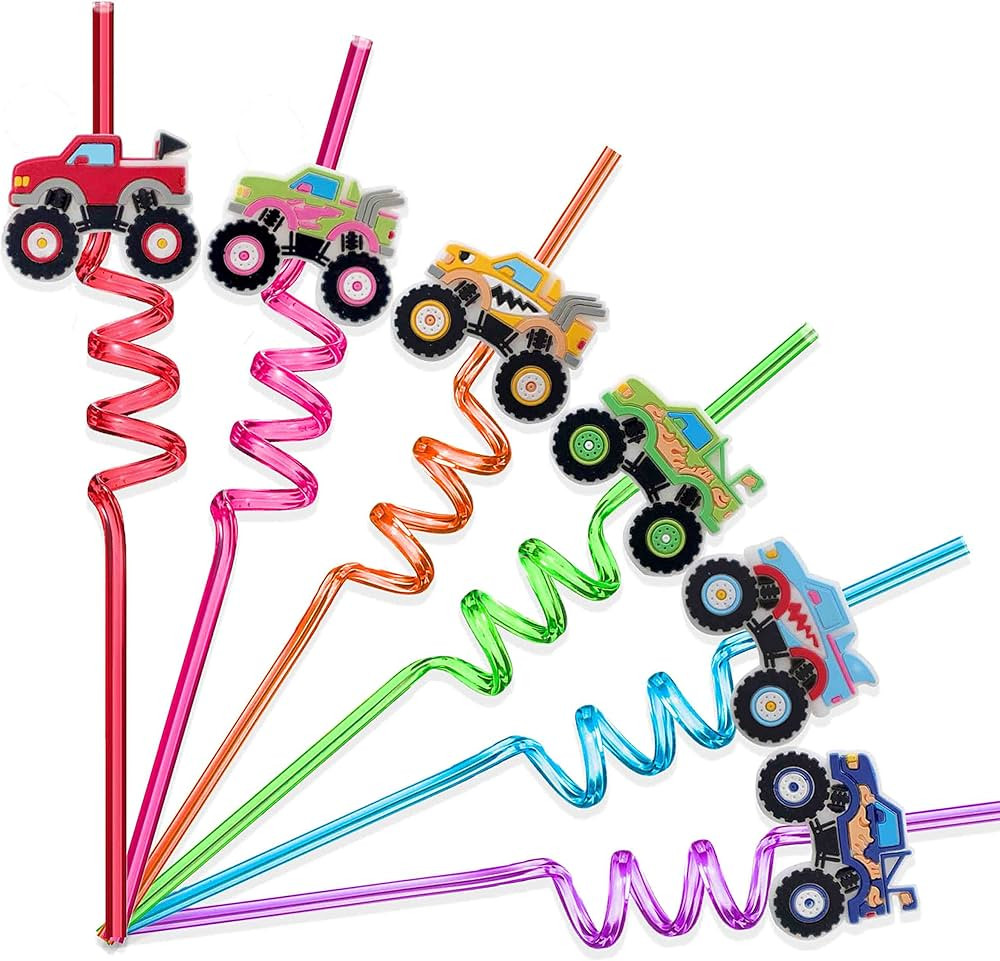 Monster Truck Party Favors straws, Cartoon Cars Birthday Reusable Plastic Drinking Straws 8 Desig... | Amazon (US)