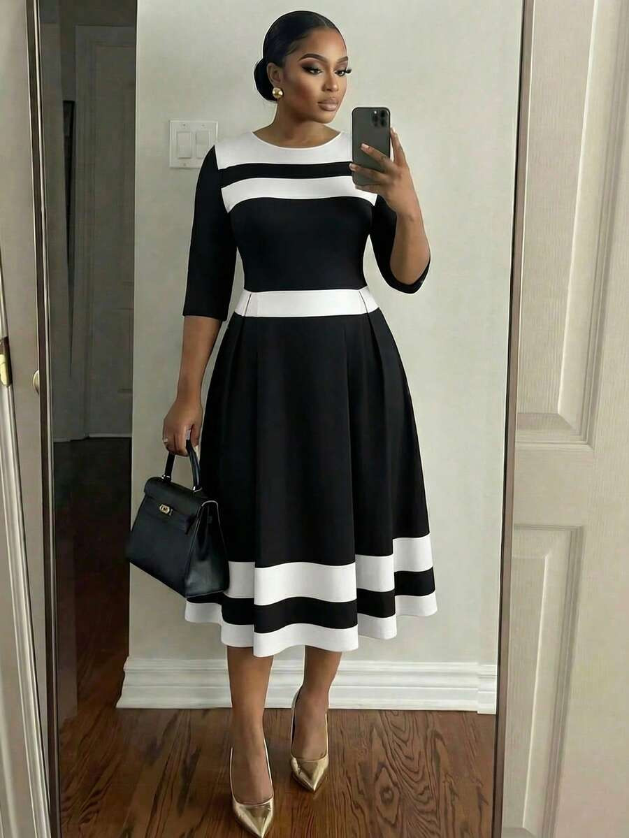 LocalSHEIN Lady Plus Size Women Striped Round Neck 3/4 Sleeve Elegant Midi Dress Going Out Summer... | SHEIN